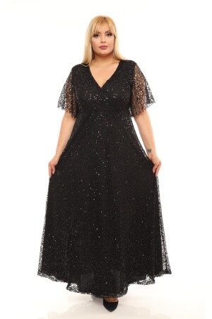 Schwarzes Degaje-Abendkleid mit Mesh-Pailletten in Übergröße für Damen - Volinay
