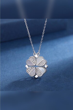 Sedef Ve Zirkon Taşlı Açılır Dört Kalpli Kapanır Yonca Mıknatıslı Kararmaz Gümüş Çelik Kolye THE0KZ014 - The Collection