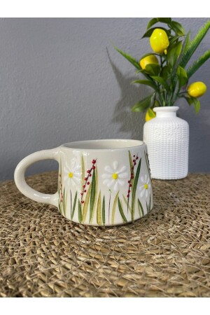 Seramik Double Kahve Fincanı Beyaz Papatya - İlbay Çini Takı