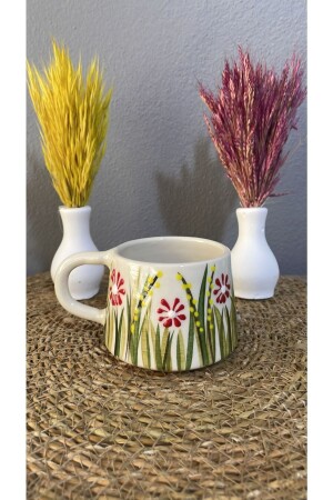 Seramik Duble Kahve Fincanı Mug Kırmızı Papatya Nescafe fincan - İlbay Çini Takı