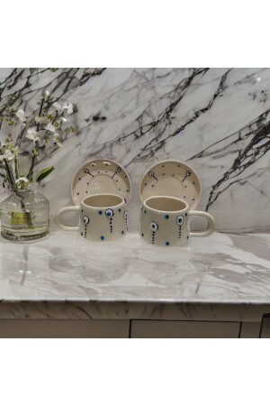 Seramik El İşçiliği Damla Nazar 2Tabak 2 Kupa 2Tabak 2 kupa damla nazar - İlbay Çini Takı