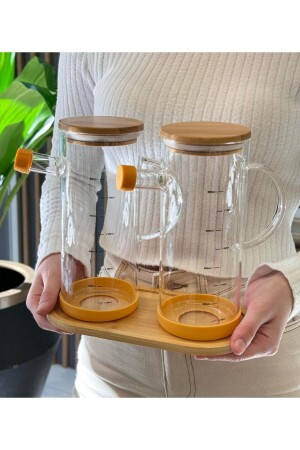 Set aus 2 Öl- und Essigschalen aus Borosilikatglas mit Bambusboden als Geschenk - Onedekor