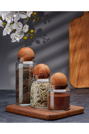Set aus 3 Glasgefäßen mit Holzkugeldeckel, Zuckerdose, Snackschale, Gewürzglas und Vorratsbehälter - Demirhan Home