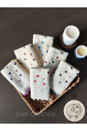 Set aus 6 bestickten Herzhandtüchern mit Pompons, Küchenhandtüchern mit Holzsockel - Genel Markalar