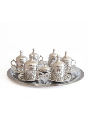 Set aus 6 türkischen Kaffeetassen mit Ottomane-Muster in Silber und Kupfer – Tablett mit Halter für türkische Köstlichkeiten, Tassenset VKCC1005 - VayaPera