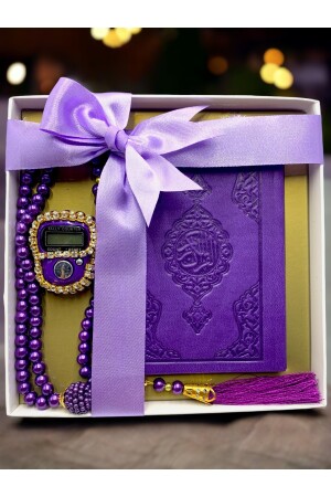 Set aus violettem Thermoleder im Taschenformat mit Koran-Gesängen und Bibel-Gebetsperlen im Taschenformat - 1