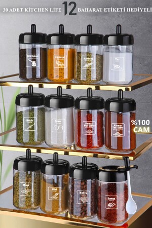 Set mit 12 Gewürzgläsern mit Deckel, Löffel und Etiketten, 300 ml Glas-Gewürzset mit goldenem Etikett - Kitchen Life