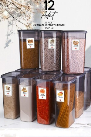 Set mit 12 großen, beschrifteten, rechteckigen Frischhaltedosen, 3200 ml, Aufbewahrungsbehälter für Tee, Zucker, 3 Stück. 2 Liter MCH08823 - Kitchen Life