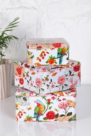 Set mit 3 quadratischen Mehrzweck-Aufbewahrungsbehältern für Lebensmittel aus Metall mit Vogelmuster, dekorativer Box und Geschenkbox - Genel Markalar