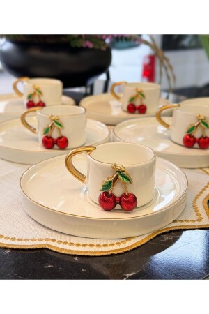 Set mit 6 Respiro-Kaffeetassen mit Serviertellern und Kirschdetail - Onedekor