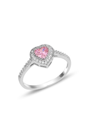 Silberner Rhodium-Diamant-Modell-Herzring mit rosa Stein - Söğütlü Silver