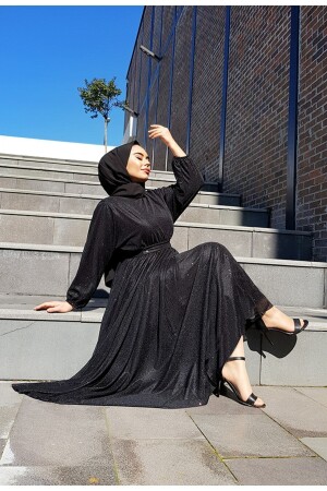 Silbernes schwarzes Hijab-Abendkleid mit Gürtel an der Taille, silbernes Abendkleid - 2