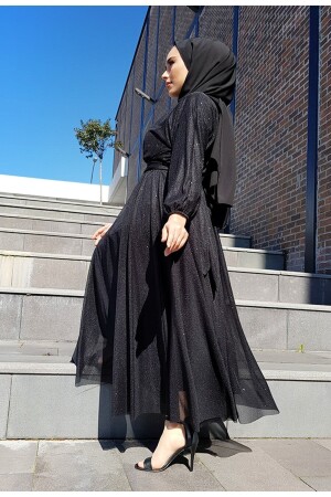 Silbernes schwarzes Hijab-Abendkleid mit Gürtel an der Taille, silbernes Abendkleid - 3