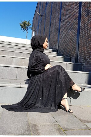Silbernes schwarzes Hijab-Abendkleid mit Gürtel an der Taille, silbernes Abendkleid - 4