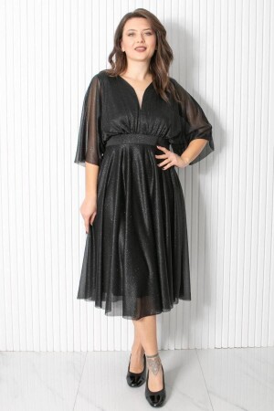 Silbriges Tüll-Abendkleid Schwarz FHM902 - Subu Tasarim