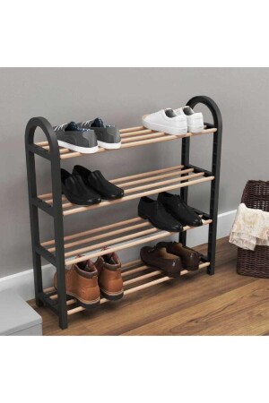 Siyah Ahşap Çubuklu 4 Katlı Masif Ayakkabılık 6710 - Sinbo