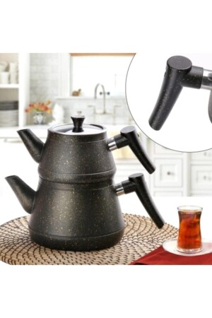 Siyah Bakalit Sap Granit Çaydanlık Takımı - Zümrüt