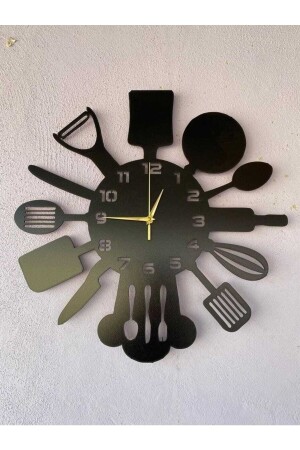 Siyah Hediyelik Ahşap Dekoratif Mutfak Desenli Sessiz Duvar Saati 47cm WD-SAAT-MUTFAKSAATİ - 1