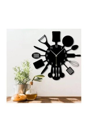 Siyah Hediyelik Ahşap Dekoratif Mutfak Desenli Sessiz Duvar Saati 47cm WD-SAAT-MUTFAKSAATİ - 3