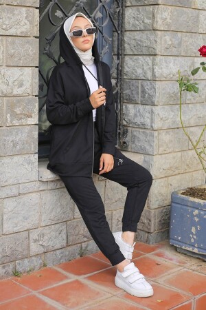 Siyah Kapüşonlu Cepli Iki Iplik Eşofman Takımı - İmajbutik