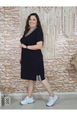 Siyah Şeritli Büyük Beden Elbise - Melis Designer