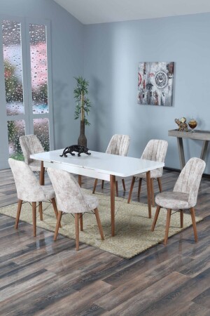 Snow Serisi Beyaz Açılır Yemek Ve Mutfak Masa Takımı 6 Sandalyeli - Krem - Morkese