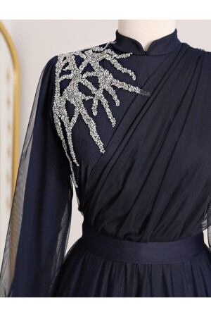 Steinfarbenes, detailliertes, drapiertes Tüll-Abendkleid mit Gürtel TY316-4245 - 3