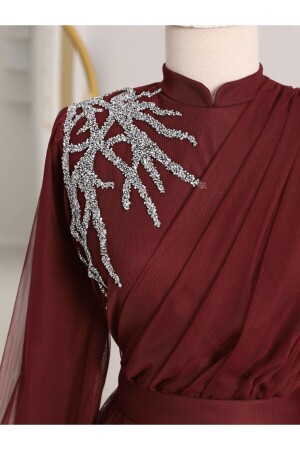 Steinfarbenes, detailliertes, drapiertes Tüll-Abendkleid mit Gürtel TY316-4245 - 3