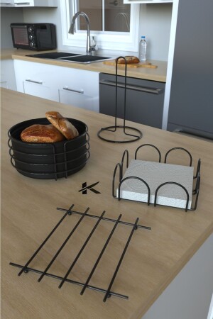 Sunum Seti Ve Ekmeklik Havluluk Peçetelik Nihale Ekmeklik Siyah Dolu Parlak Paslanmaz 4lü Mutfak Set ekmekvesunumset - KARTEYA