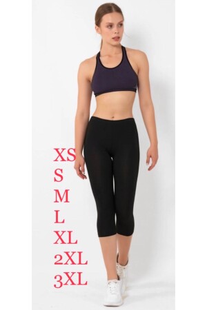 Süper Kalite Siyah Penye Pamuklu Likralı Diz Altı Kapri Tayt Yüksek Bel - Tight Lady