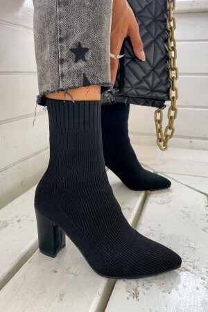 Tägliche Damenstiefel Bootie Schwarze Strickwaren Dicker High Heel Stretch-Socken Gestreifte spitze Zehenschuhe 167 - Allyup