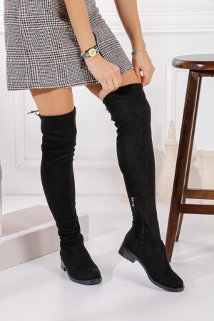 Tägliche schwarze Damenstiefel Overknee-Stretchsocken aus Wildleder mit Reißverschluss Overknee-Damenstiefel 177 - Allyup
