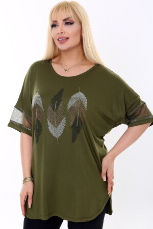 Taş Baskılı Yaprak Desen Tül Şeritli Kısa Kol Yuvarlak Yaka Rahat Likralı Esnek Büyük Beden Bluz - Kheos