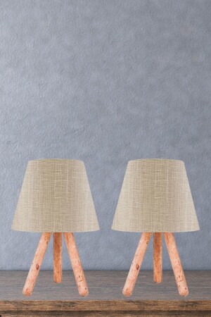 Tasarım Ahşap Üç Ayaklı Abajur Bal Rengi Kabma Dokulu Başlık 2 Adet - Art