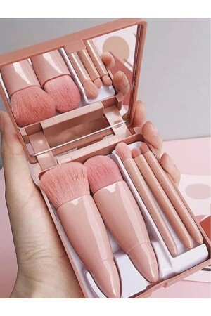 Taşınabilir Aynalı 5'li Makyaj Fırça Seti Göz Farı- Fondöten- Allık Karıştırma- Makyaj Fırçaları - Acarlarticaret