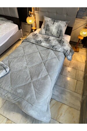 Tek Kişilik Çift Taraflı Welsoft Yorgan ve Yastık Kılıfı Pofuduk Yumuşak Yorgan Gri Ağaç - Sudemhome
