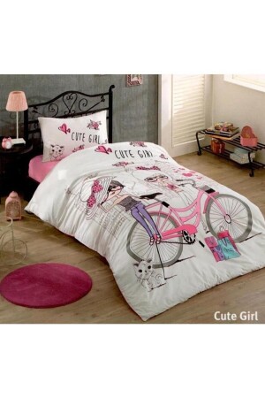 Tek Kişilik Genç Odası Cute Girl Nevresim Takımı, Çarşaf, Yastık 160 X 220 Beyaz Desenli 1004ETKSYOT02 - Kristal