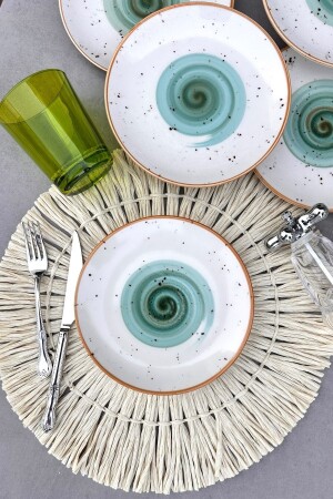 Tulü Porselen Galaxy Turkuaz 6 Kişilik Porselen Modern Krem El Yapımı Pasta Tabağı Servis Seti TLGLX066PS - porselenden