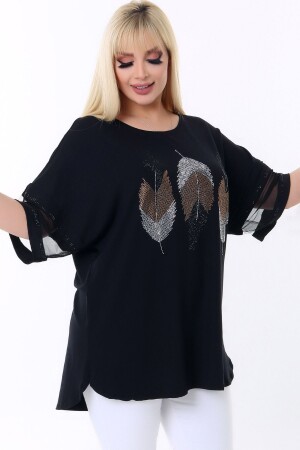 Tüy Taş Baskılı Kol Ucu Tül Şeritli Bisiklet Yaka Esnek Şık Ve Cool Likralı Büyük Beden Bluz - Kheos