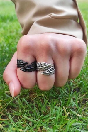 Tüy Yaprak Figürlü Ayarlanabilir Siyah-gümüş Unisex Yüzük Set - The Collection