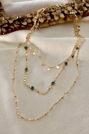 Üçlü Top Zincir- Nazar Ve Yıldız Detaylı Tek Kolye - Trendy Butik