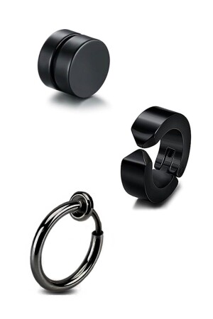Unisex Siyah 3 Adet Deliksiz Sıkıştırmalı Mıknatıslı Çelik Küpe Set - The Collection