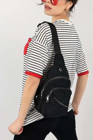 Unisex Siyah Yandan Çapraz Göğüs Ve Bel Çantası- Kulaklık Usb Çıkışlı Cep Telefonu Bölmeli Çanta - Elentra