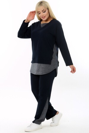 V Yaka Uzun Kol Beli Lastikli Yaka Etek Paça Ve Yanı Sim Detaylı Cepli Büyük Beden Eşofman Takım - Kheos