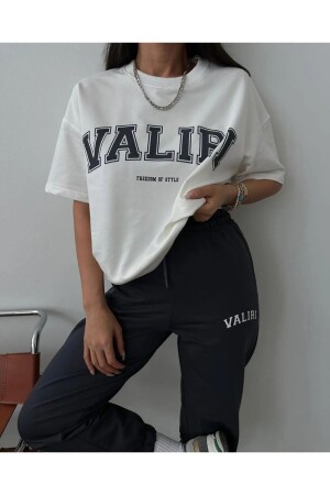 Valiri Beyaz T-shirt Siyah Eşofman Altı - Jogger Tişört Alt Üst Eşofman Takımı Bisiklet Yaka - Modarich