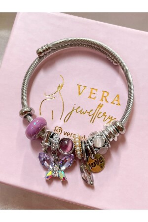 Vera Jewellery Çelik Mor Kristal Kelebek Charmlı Bileklik - Genel Markalar
