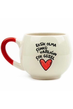 Verpassen Sie es nicht, weil Ihre Existenz sehr schön ist. Cremefarbener, glänzender Ballonbecher (roter Griff) – Geschenk-Keramikbecher - Palto Tasarım