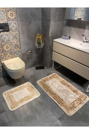 Versace Desenli 2'li Kaymaz Taban Banyo Paspas Takımı (60x100 - 60x50) Bej-altın BYD-CLORISAPASPAS - Brillant
