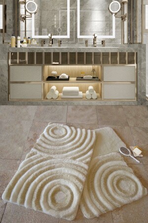 Wave Ecru 3er-Set Badezimmerteppich, waschbar, rutschfeste Unterseite 8694545027138 - Chilai Home
