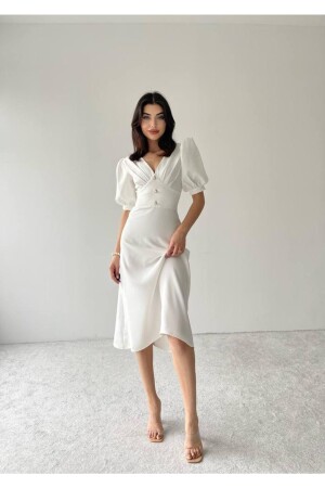 Weißes Damen-Midikleid mit V-Ausschnitt, Ballonärmeln und Knöpfen - Daem Butik